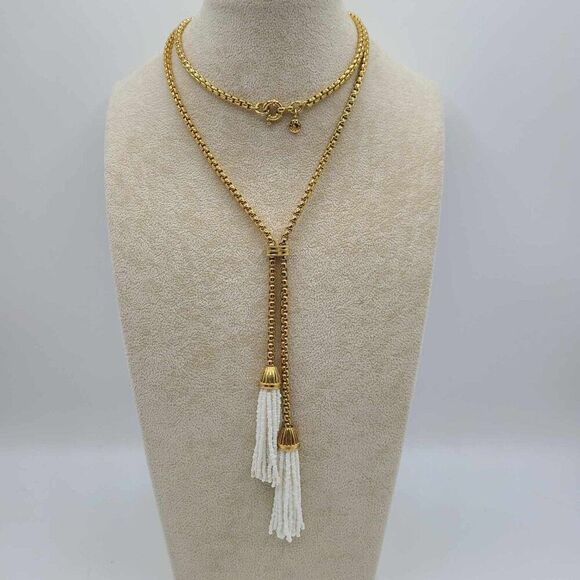 J Crew White Beaded Long Tassel Necklace NEW! NWOT! - Picture 10 of 11